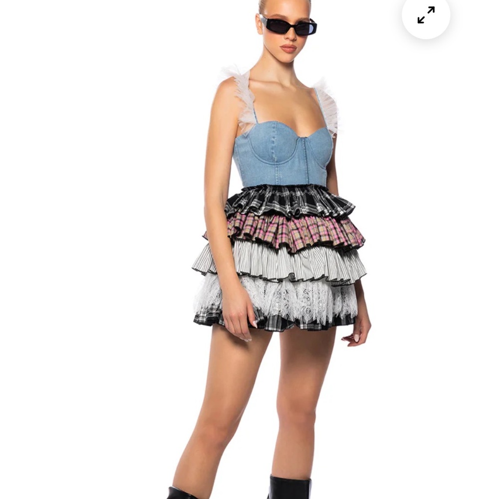 AKIRA Denim Bustier Multi-Color Ruffle Mini Dress